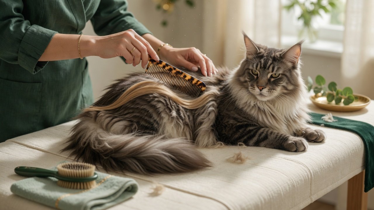 Maine Coon long-coat grooming, professional care setting