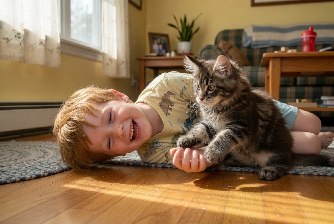 Atlas, a brown mackerel Maine Coon kitten on the floor