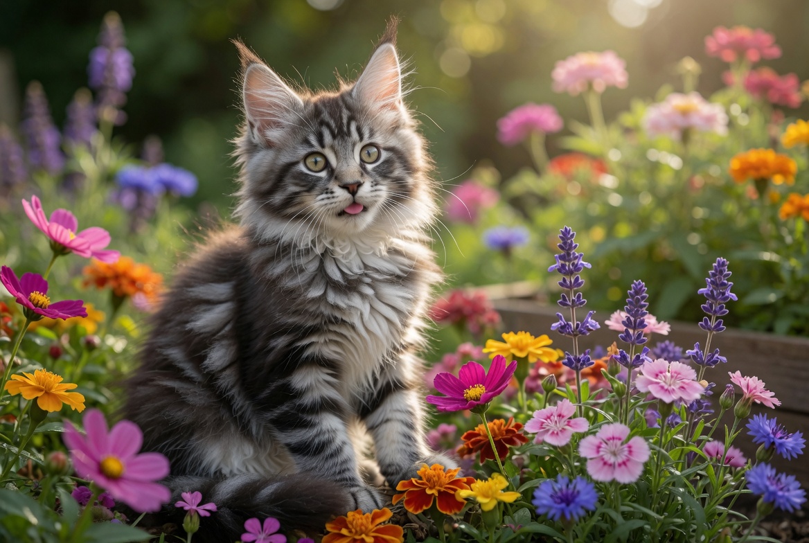 Fluffy Maine Coon kitten with tongue out among flowers