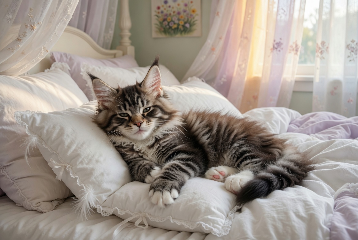 Honey, a cream tabby Maine Coon kitten on a pillow