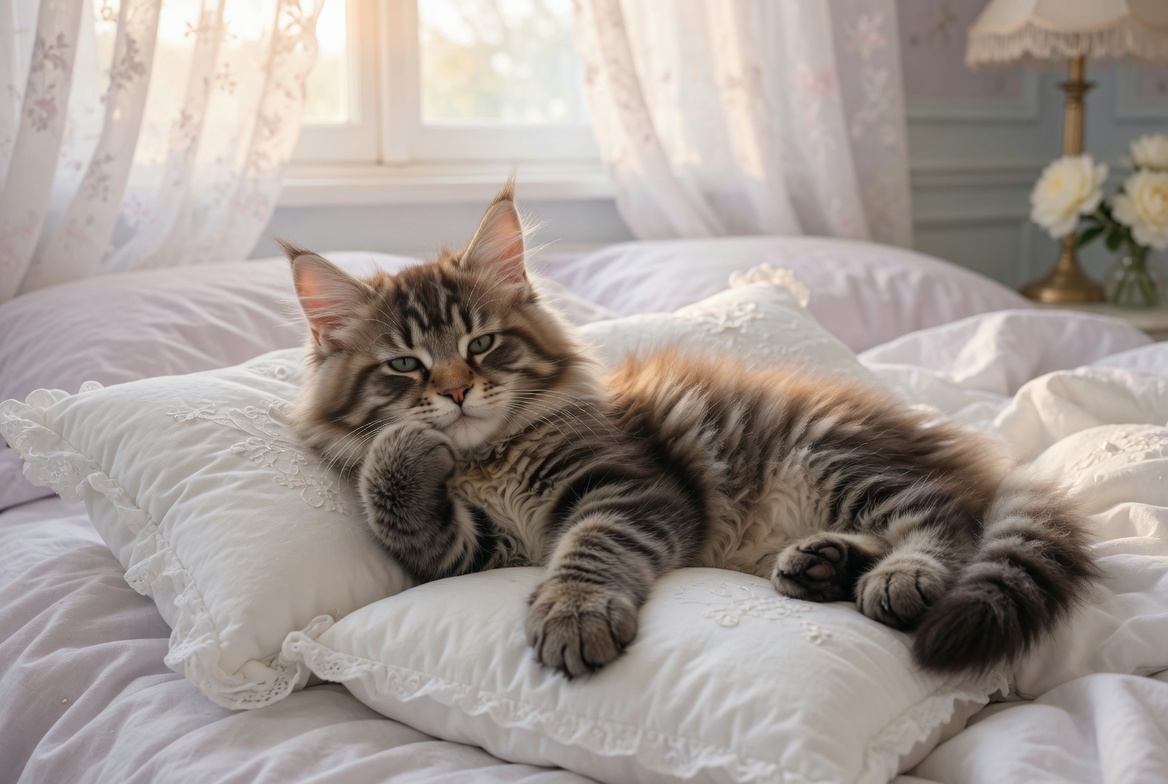 Maine Coon kitten resting on bed pillows