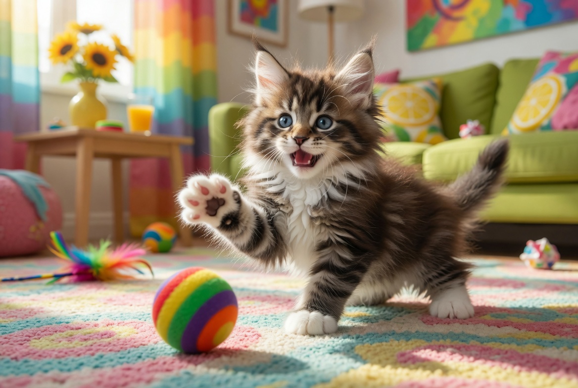 Thor, a red tabby Maine Coon kitten with a ball