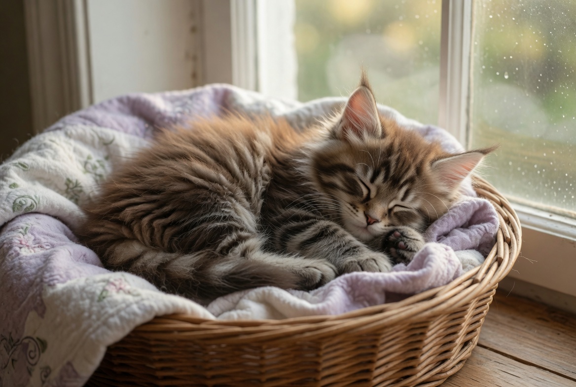 Willow, a silver smoke Maine Coon kitten sleeping in a basket